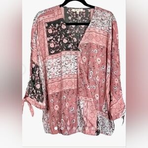 Blu Como With Love Pink Floral Boho Wrap Patchwork Blouse, 3/4 Tie Sleeve EUC 1X